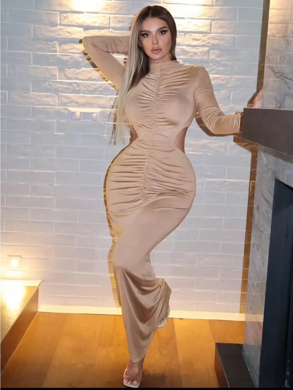 Elegant Ruched Long Sleeve Maxi Dress in Taupe